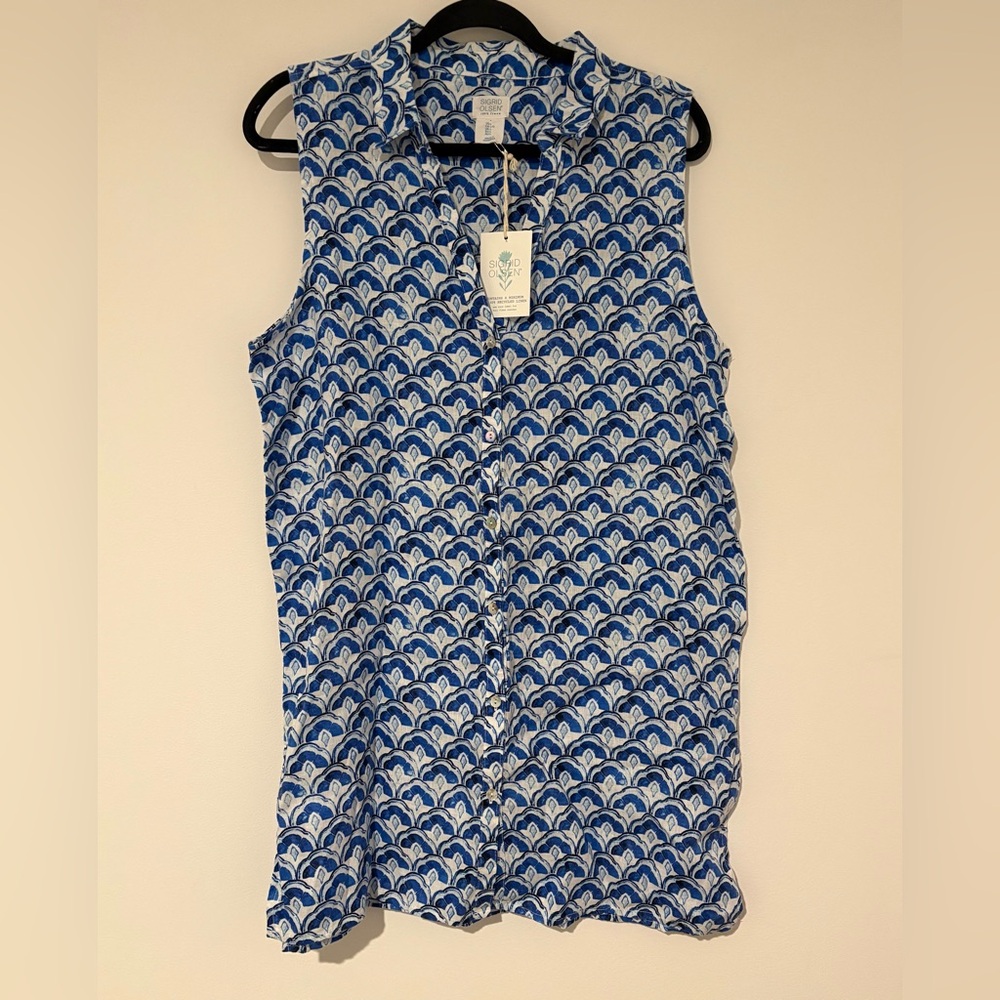 Sigrid Olsen Blue White Scallop Print Linen Coastal Chic Tunic Dress NWT Large